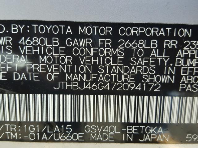 JTHBJ46G472094172 - 2007 LEXUS ES 350 SILVER photo 10