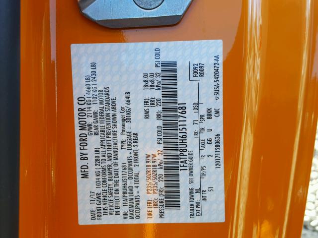 1FATP8UH6J5117681 - 2018 FORD MUSTANG ORANGE photo 10