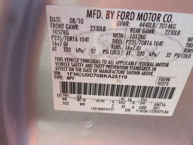 1FMCU0D70BKA25119 - 2011 FORD ESCAPE XLT SILVER photo 10