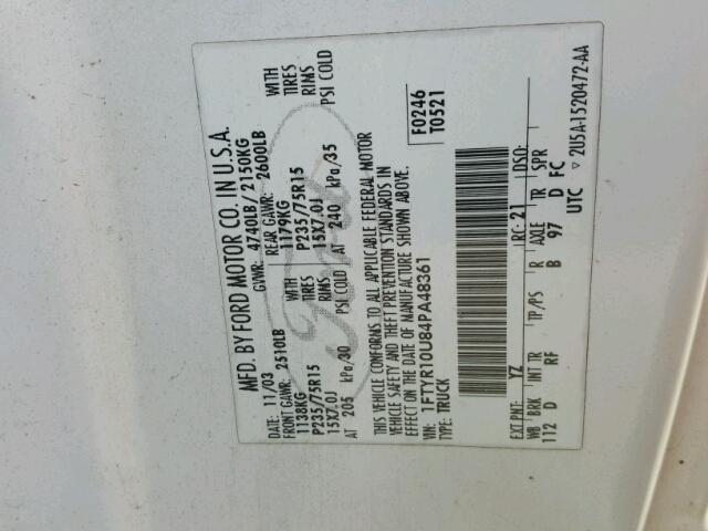 1FTYR10U84PA48361 - 2004 FORD RANGER WHITE photo 10