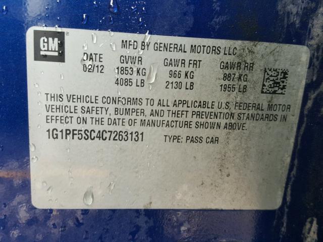 1G1PF5SC4C7263131 - 2012 CHEVROLET CRUZE LT BLUE photo 10