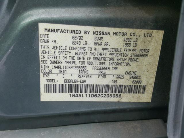 1N4AL11D62C205056 - 2002 NISSAN ALTIMA BAS GREEN photo 10