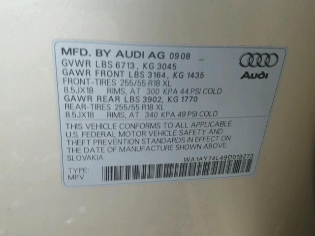 WA1AY74L49D019273 - 2009 AUDI Q7 3.6 QUA GOLD photo 10