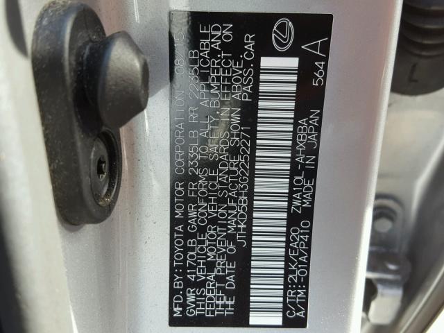 JTHKD5BH3G2252271 - 2016 LEXUS CT 200 SILVER photo 10