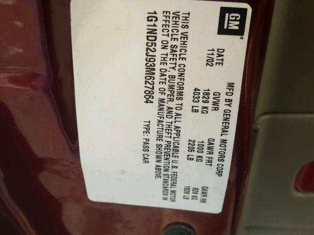 1G1ND52J93M627864 - 2003 CHEVROLET MALIBU BURGUNDY photo 10