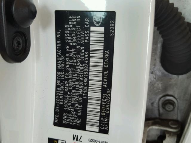 4T1BE46K19U874398 - 2009 TOYOTA CAMRY BASE WHITE photo 10