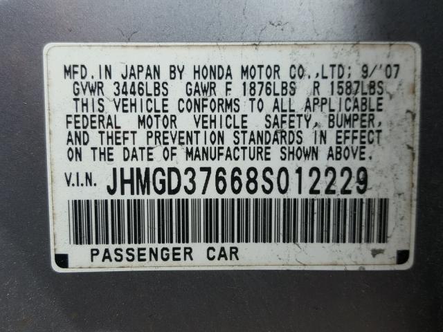 JHMGD37668S012229 - 2008 HONDA FIT SPORT SILVER photo 10