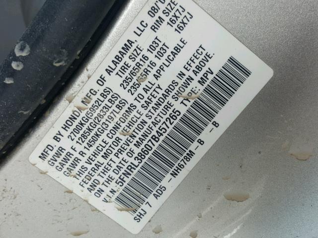 5FNRL38607B457265 - 2007 HONDA ODYSSEY EX SILVER photo 10