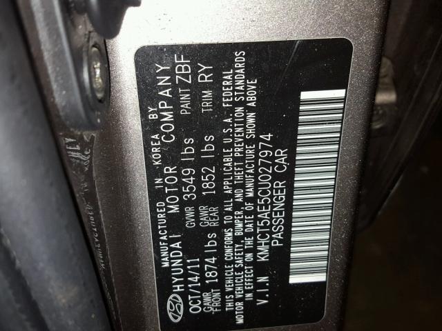 KMHCT5AE5CU027974 - 2012 HYUNDAI ACCENT GLS GRAY photo 10