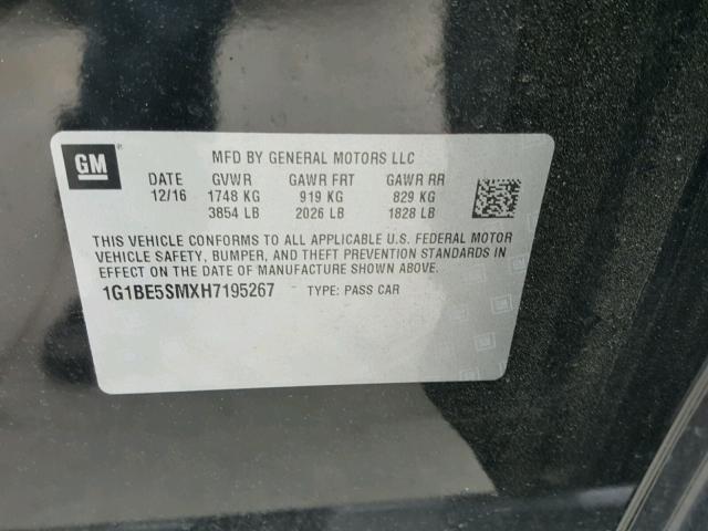 1G1BE5SMXH7195267 - 2017 CHEVROLET CRUZE LT BLACK photo 10