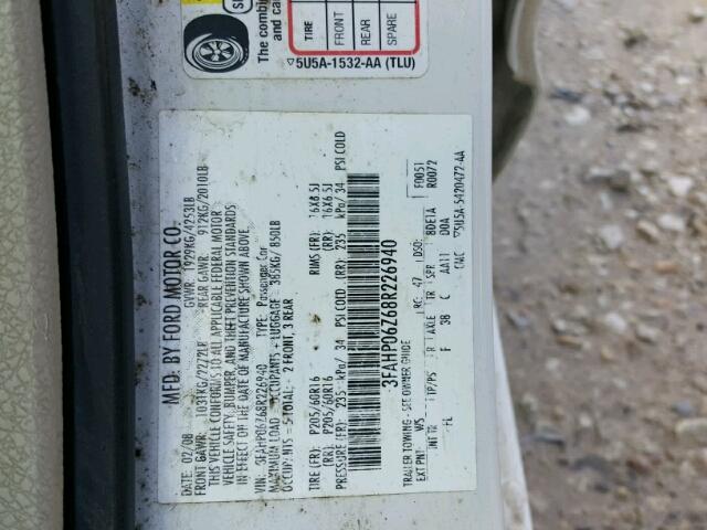 3FAHP06Z68R226940 - 2008 FORD FUSION S WHITE photo 10