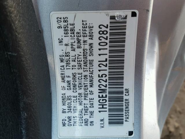 1HGEM22512L110282 - 2002 HONDA CIVIC LX SILVER photo 10