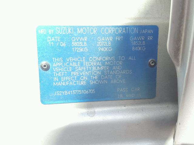 JS2YB413775106705 - 2007 SUZUKI SX4 SILVER photo 10