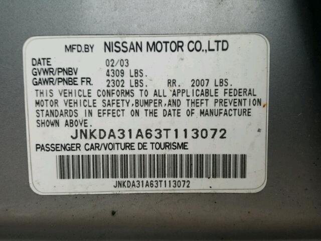 JNKDA31A63T113072 - 2003 INFINITI I35 SILVER photo 10