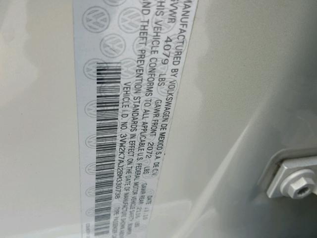 3VW2K7AJ2BM330738 - 2011 VOLKSWAGEN JETTA BASE ვერცხლისფერი ფოტო 10