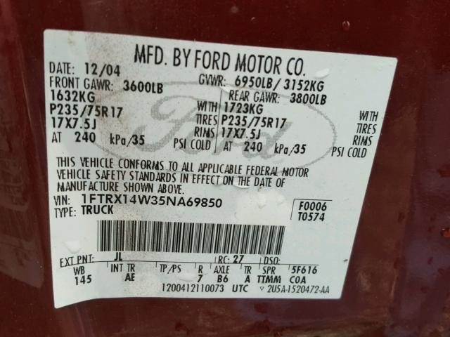 1FTRX14W35NA69850 - 2005 FORD F150 BURGUNDY photo 10