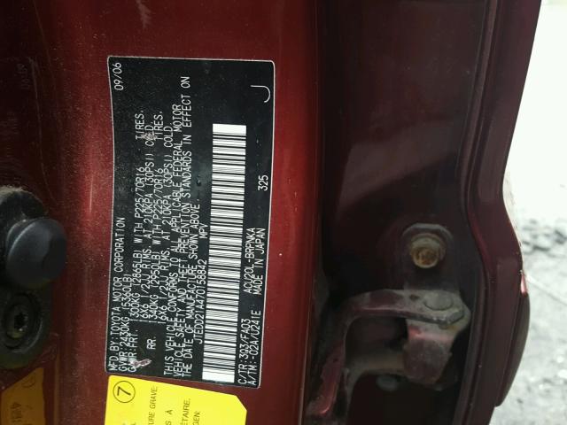 JTEDD21A470158842 - 2007 TOYOTA HIGHLANDER BURGUNDY photo 10