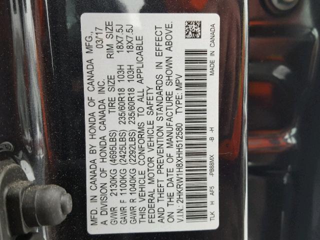 2HKRW1H8XHH512580 - 2017 HONDA CR-V EXL BLACK photo 10