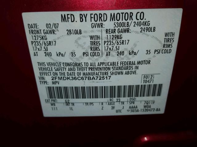 2FMDK36C67BA72517 - 2007 FORD EDGE SE RED photo 10