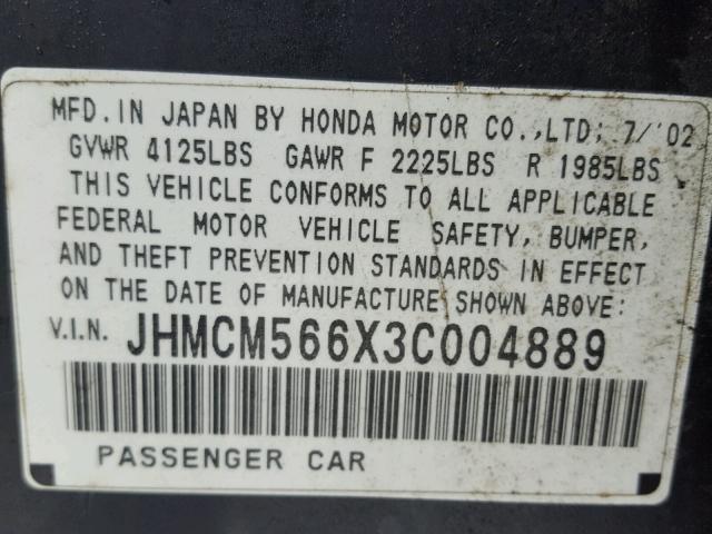 JHMCM566X3C004889 - 2003 HONDA ACCORD EX GRAY photo 10