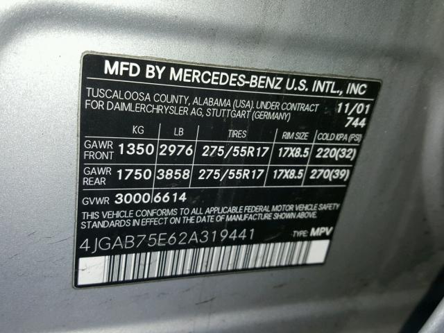 4JGAB75E62A319441 - 2002 MERCEDES-BENZ ML 500 SILVER photo 10