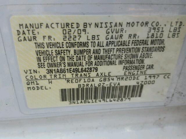 3N1AB61E49L642879 - 2009 NISSAN SENTRA 2.0 WHITE photo 10