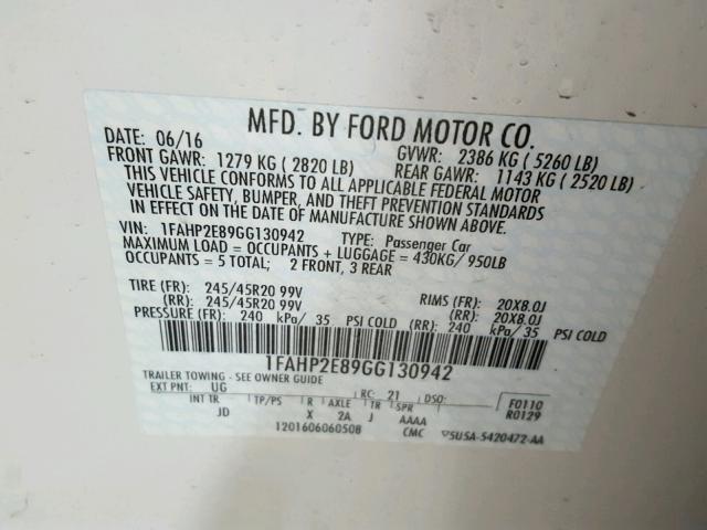 1FAHP2E89GG130942 - 2016 FORD TAURUS SEL WHITE photo 10