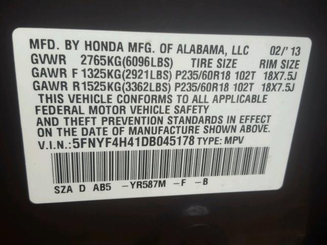 5FNYF4H41DB045178 - 2013 HONDA PILOT EX GRAY photo 10