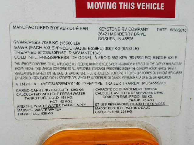 4YDF34528B4701140 - 2011 KEYSTONE MONTANA WHITE photo 10
