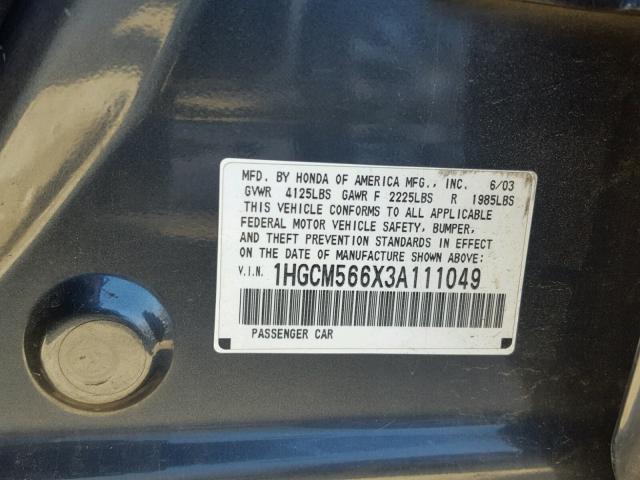 1HGCM566X3A111049 - 2003 HONDA ACCORD EX GRAY photo 10