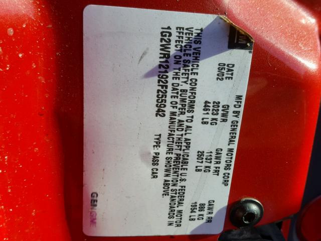 1G2WR12192F255942 - 2002 PONTIAC GRAND PRIX RED photo 10