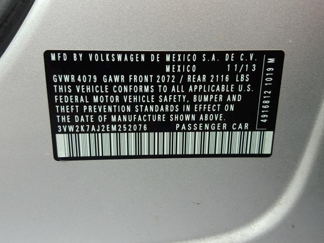 3VW2K7AJ2EM252076 - 2014 VOLKSWAGEN JETTA BASE GRAY photo 10