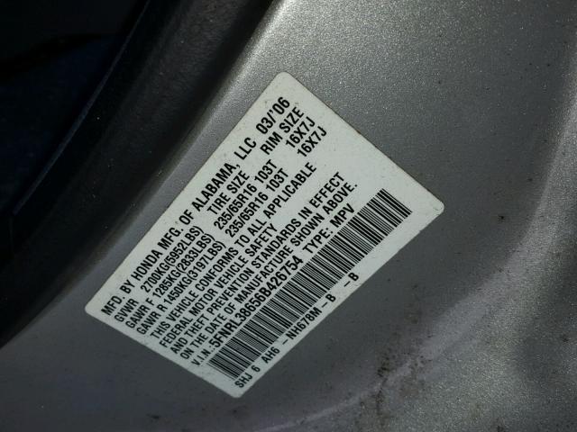 5FNRL38656B426754 - 2006 HONDA ODYSSEY EX SILVER photo 10