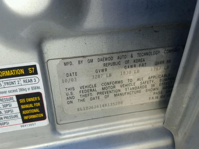 KL1TJ62614B135200 - 2004 CHEVROLET AVEO LS 银色 照片 10