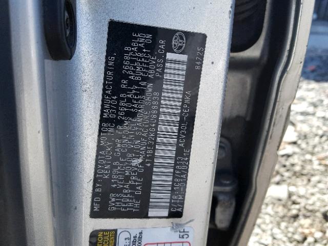 4T1BE32K64U888838 - 2004 TOYOTA CAMRY LE SILVER photo 10