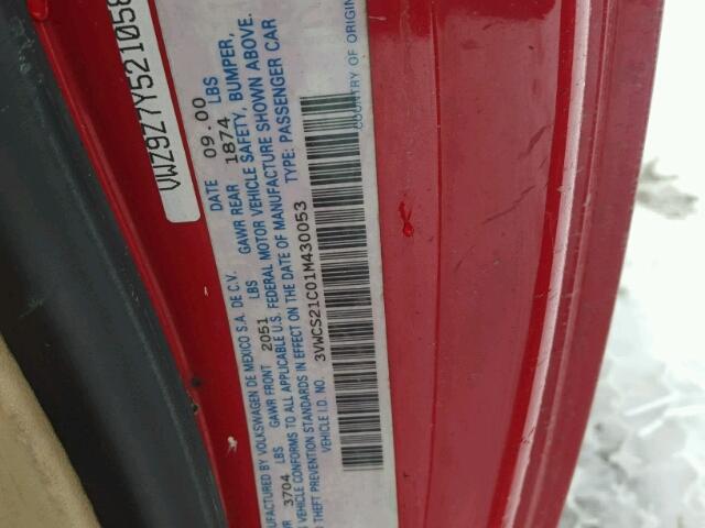 3VWCS21C01M430053 - 2001 VOLKSWAGEN NEW BEETLE 红色 照片 10