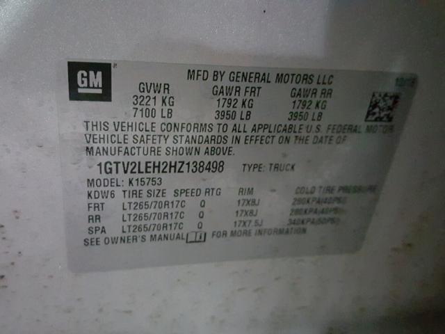 1GTV2LEH2HZ138498 - 2017 GMC SIERRA K15 SILVER photo 10