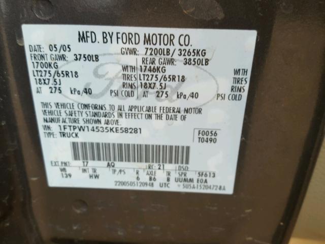 1FTPW14535KE58281 - 2005 FORD F150 SUPER GRAY photo 10