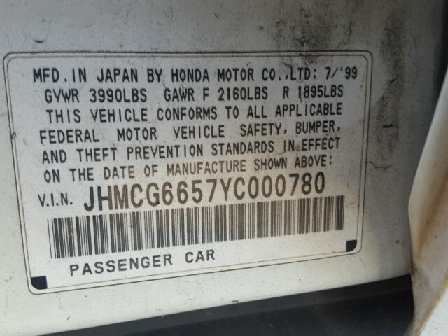 JHMCG6657YC000780 - 2000 HONDA ACCORD LX WHITE photo 10