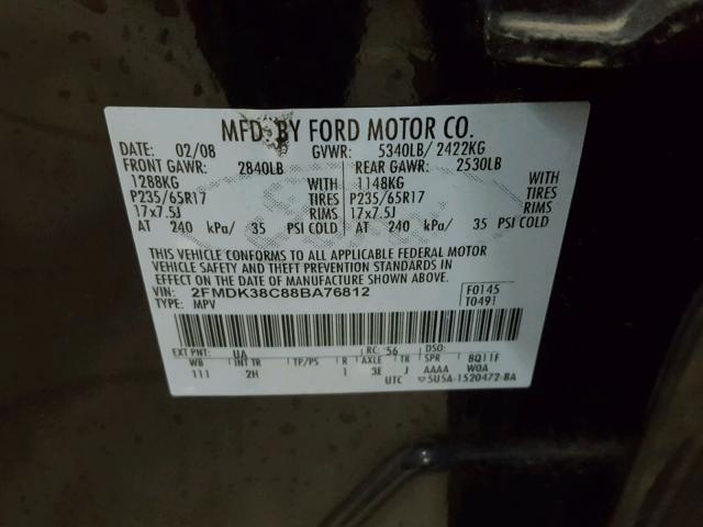 2FMDK38C88BA76812 - 2008 FORD EDGE SEL BLACK photo 10