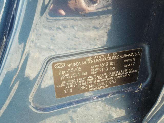 5NPEU46F36H090253 - 2006 HYUNDAI SONATA GLS BLUE photo 10