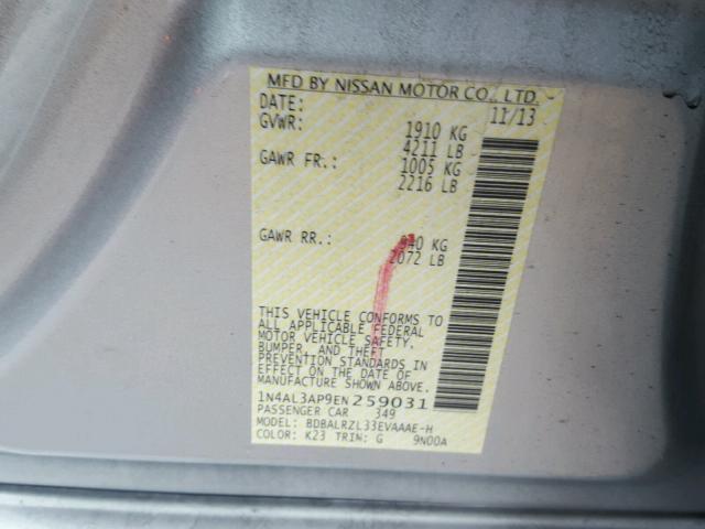 1N4AL3AP9EN259031 - 2014 NISSAN ALTIMA 2.5 SILVER photo 10