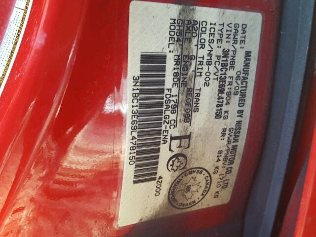 3N1BC13E69L478150 - 2009 NISSAN VERSA S RED photo 10