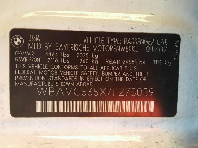 WBAVC535X7FZ75059 - 2007 BMW 328 I SULE WHITE photo 10