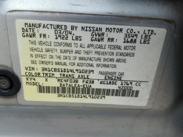 3N1CB51D14L910239 - 2004 NISSAN SENTRA 1.8 SILVER photo 10