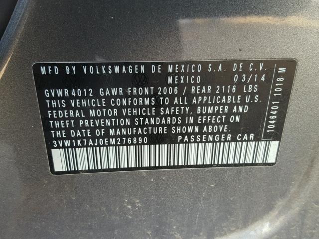 3VW1K7AJ0EM276890 - 2014 VOLKSWAGEN JETTA BASE 灰色 照片 10