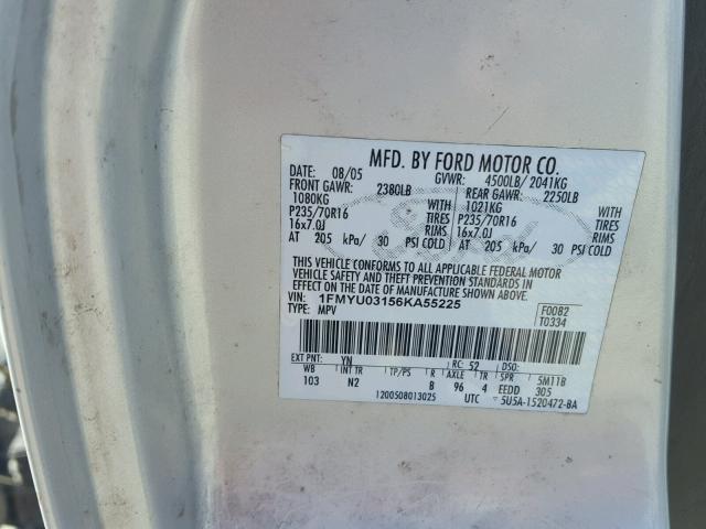 1FMYU03156KA55225 - 2006 FORD ESCAPE XLT SILVER photo 10