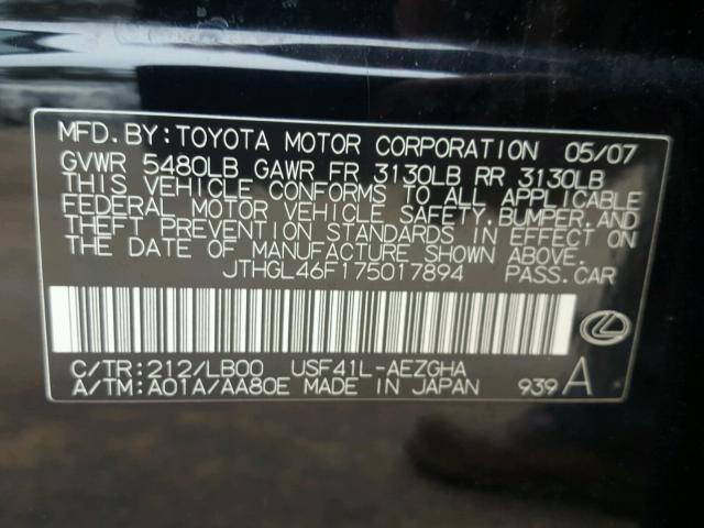 JTHGL46F175017894 - 2007 LEXUS LS 460L BLACK photo 10