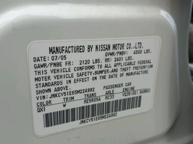 JNKCV51E65M224992 - 2005 INFINITI G35 WHITE photo 10