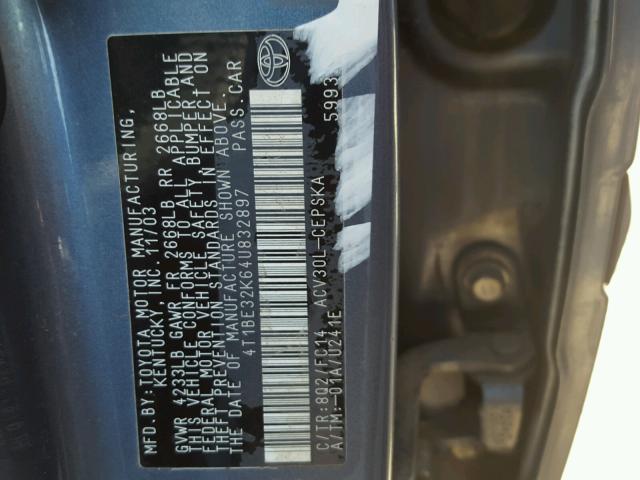 4T1BE32K64U832897 - 2004 TOYOTA CAMRY LE BLUE photo 10